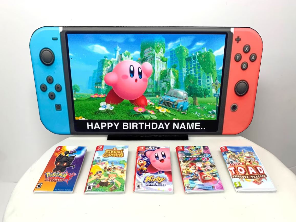 PERSONALISED Birthday Cake Topper | Nintendo Switch Bundle | ANY Image + MESSAGE on the TV | Children Adults Teenagers Novelty Cake Toppers