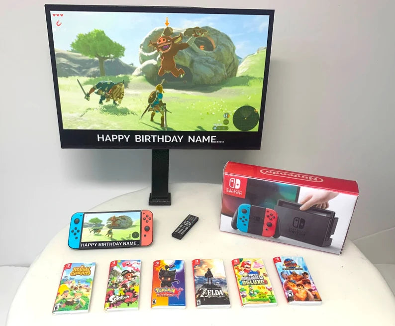 PERSONALISED Birthday Cake Topper | Nintendo Switch Bundle | ANY Image + MESSAGE on the TV | Children Adults Teenagers Novelty Cake Toppers
