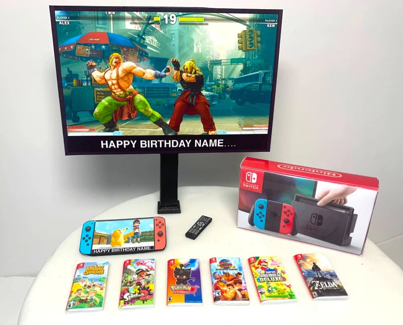 PERSONALISED Birthday Cake Topper | Nintendo Switch Bundle | ANY Image + MESSAGE on the TV | Children Adults Teenagers Novelty Cake Toppers