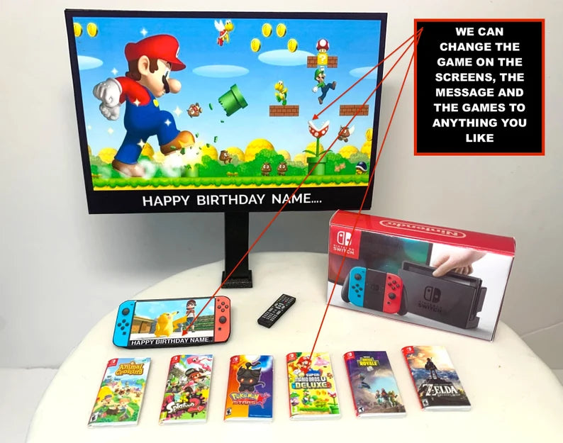 PERSONALISED Birthday Cake Topper | Nintendo Switch Bundle | ANY Image + MESSAGE on the TV | Children Adults Teenagers Novelty Cake Toppers