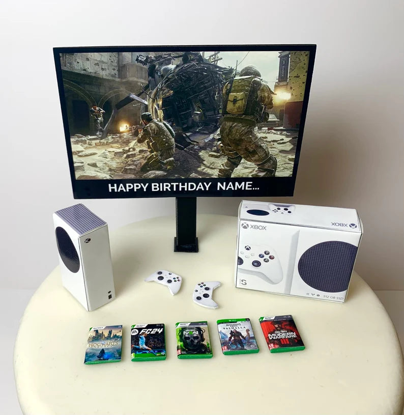 PERSONALISED Birthday Cake Topper | Xbox Series S Bundle | ANY Image + MESSAGE on the TV | Children Adults Teenagers Novelty Cake Toppers