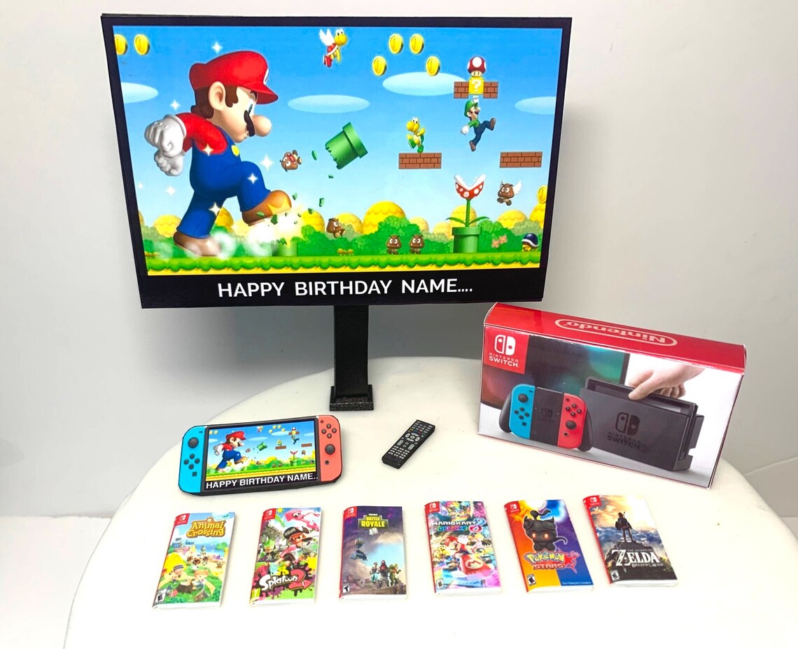 PERSONALISED Birthday Cake Topper | Nintendo Switch Bundle | ANY Image + MESSAGE on the TV | Children Adults Teenagers Novelty Cake Toppers