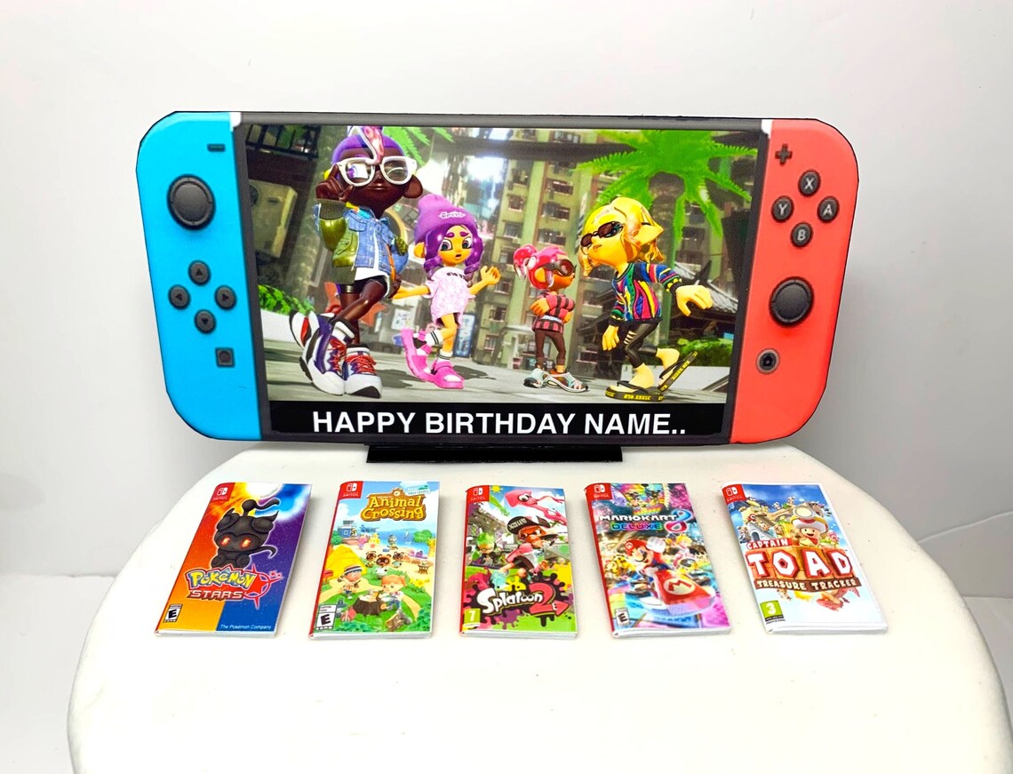 PERSONALISED Birthday Cake Topper | Nintendo Switch Bundle | ANY Image + MESSAGE on the TV | Children Adults Teenagers Novelty Cake Toppers