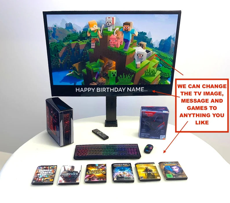 PERSONALISED Birthday Cake Topper | PC Bundle | ANY Image + MESSAGE on the TV | Children Adults Teenagers Novelty Cake Toppers (Copy)