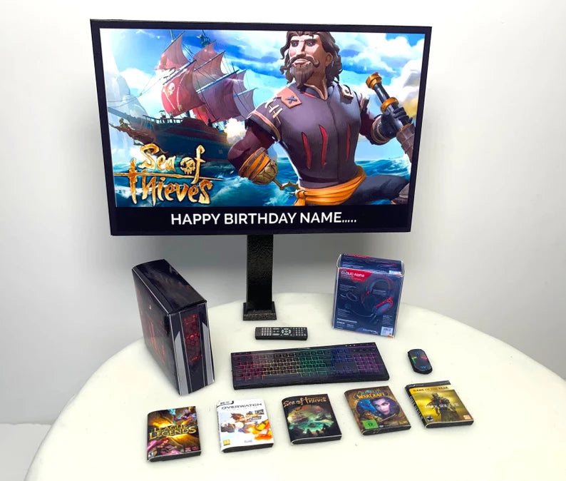PERSONALISED Birthday Cake Topper | PC Bundle | ANY Image + MESSAGE on the TV | Children Adults Teenagers Novelty Cake Toppers (Copy)